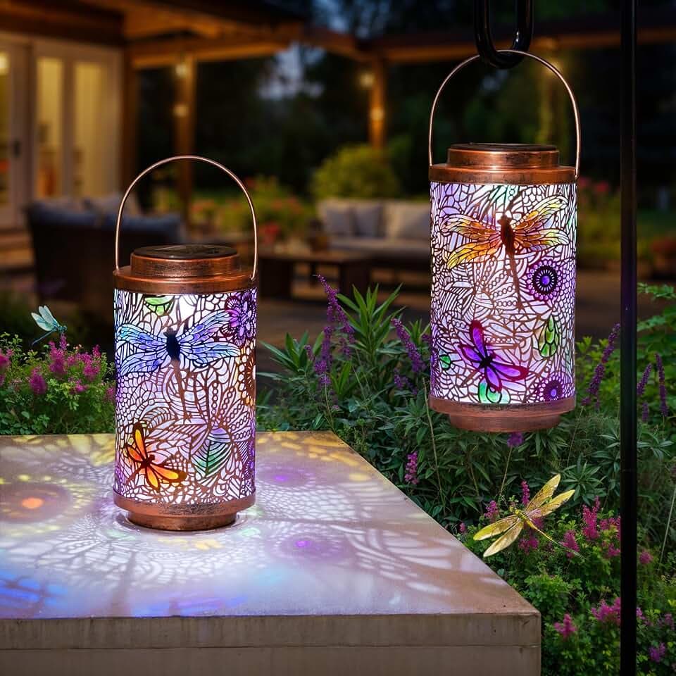 2Pack Solar Outdoor Lanterns Waterproof Multicolor Dragonfly Garden Gifts for Mom Women Backyard Lights Lanterns for Indoor,Outdoor, Outside,Mothers Day Gifts for Grandma Wife