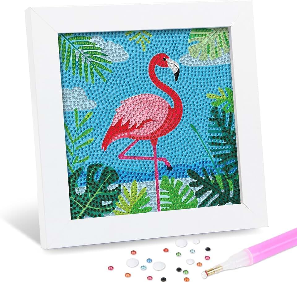 Leixonl Diamond Art Kits for Kids with Framed (7 in) Cartoon Animals DIY Gem Art Painting - Arts & Crafts Gifts for Beginners & Teens (Flamingo)