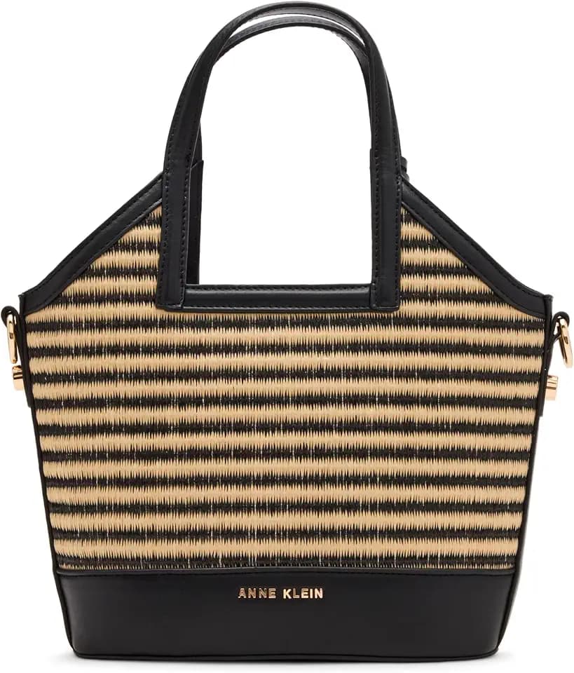 Anne Klein Womens Straw Mini Tote with Convertible Strap, Natural-Black Stripe/Black