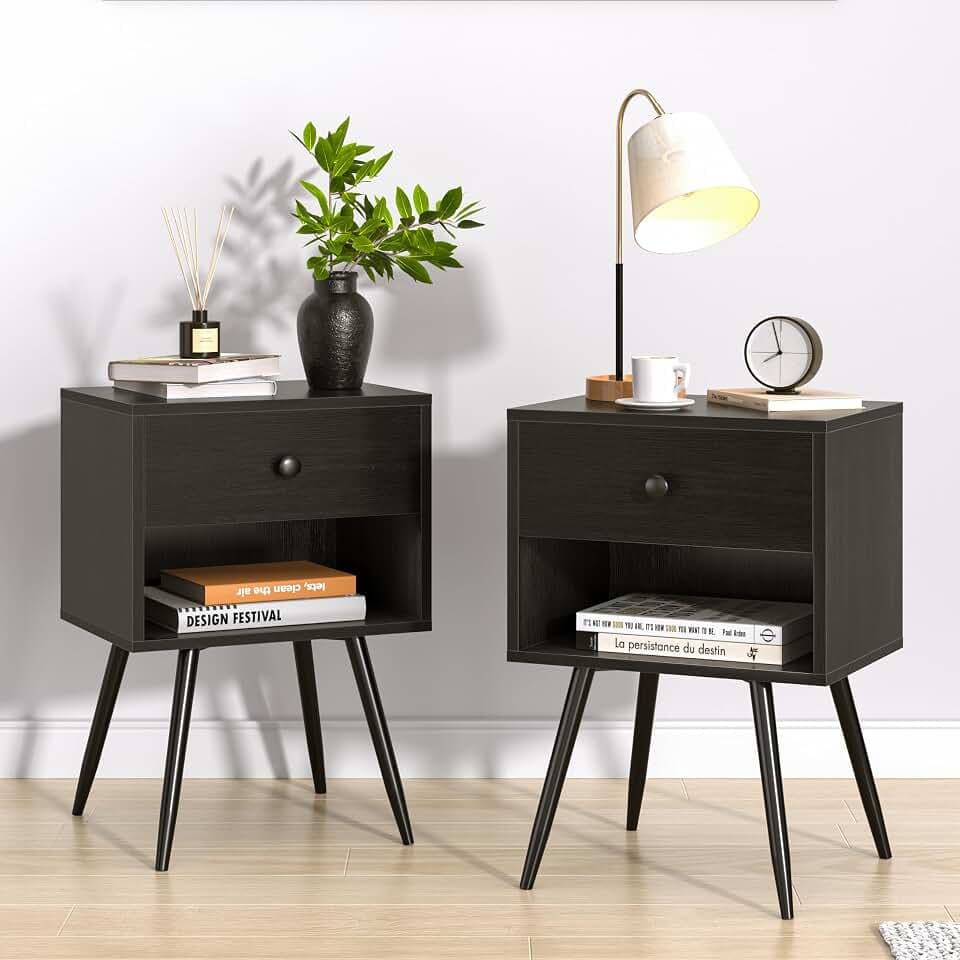VECELO Nightstands Set of 2, Mid Century Modern End Bedside Table, Night Stand with Storage Drawer and 2 Tiers Open Shelf for Small Place, Bedroom, Living Room, Easy Assembly, Black