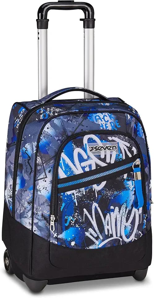 Seven Schulranzen mit Rollen, Schulrucksack jungen 1. klasse, Rucksack mit Trolley Funktion, 2 in 1 Trolley, schwarz/blau