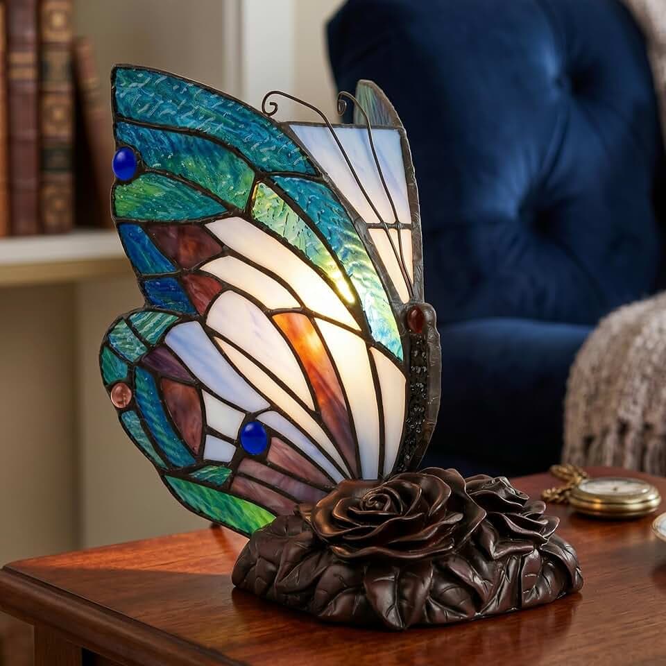 Lavish Home Tiffany Style Table Lamp with Stained Glass Shade, Bronze