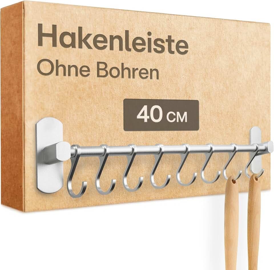 Praknu Hakenleiste Küche ohne Bohren 40 cm – 8 Haken – Küchenreling Wand