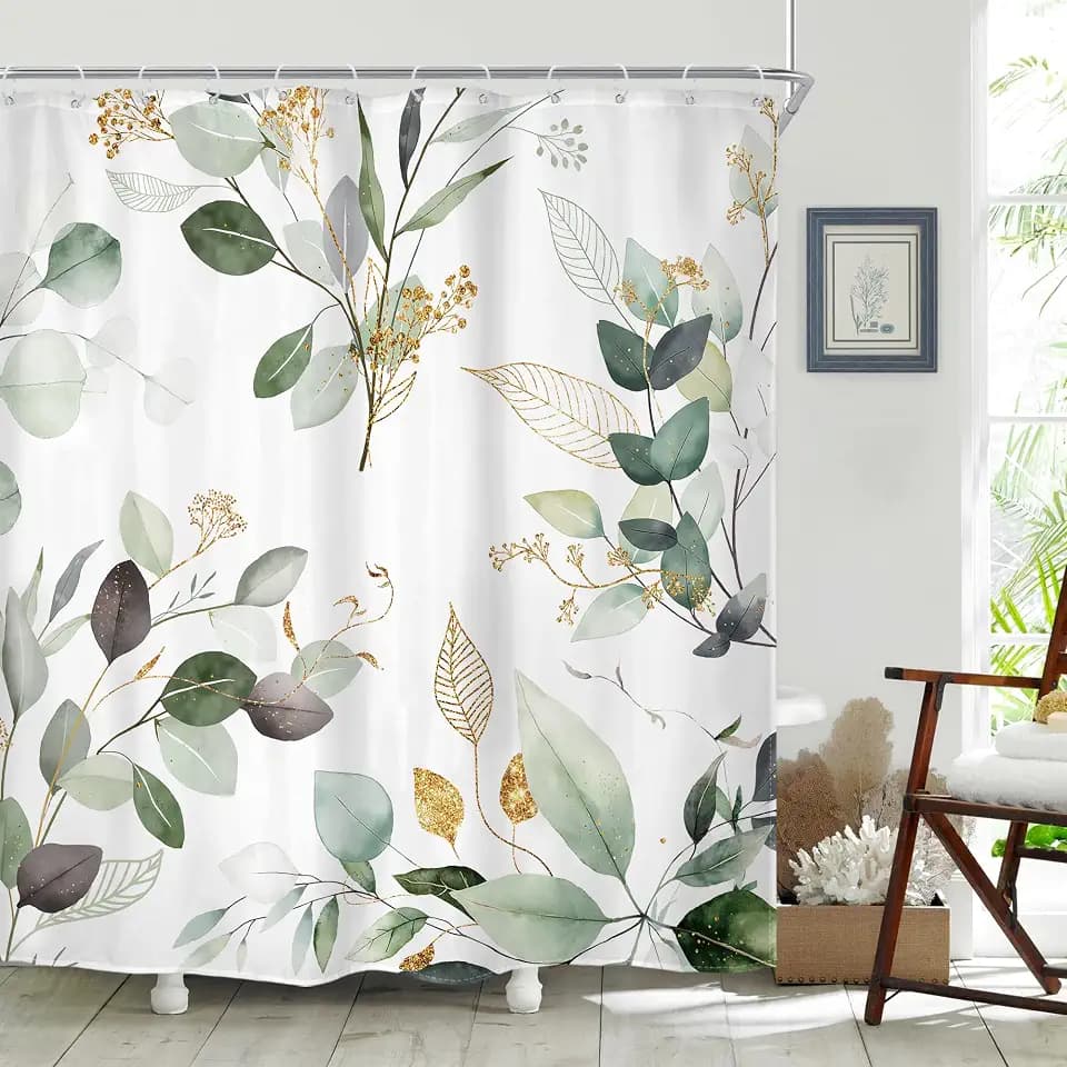Spring Sage Green Shower Curtain Set Botanical Eucalyptus Bathroom Decor