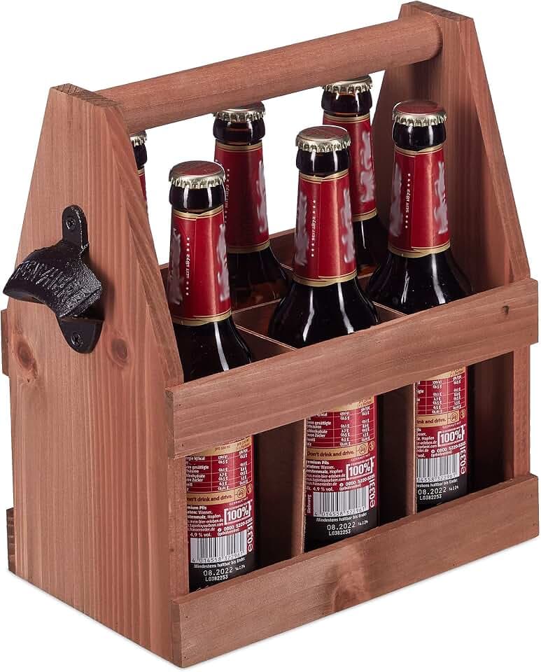 Relaxdays Bierträger aus Holz, mit Flaschenöffner, Flaschenträger 6 Flaschen, Vatertagsgeschenk, Männerhandtasche, braun
