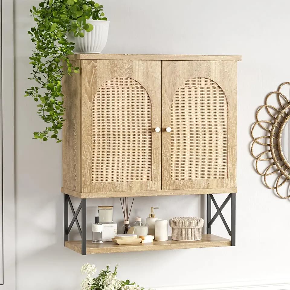 FiveWillowise Rattan Bathroom Wall Cabinet, Boho Medicine Wall Cabinet with Double Doors and Adjustable Shelves, Tall Kitchen Wall Mounted Storage Cabinet, Floating Space Saver Over Toilet, Natural
