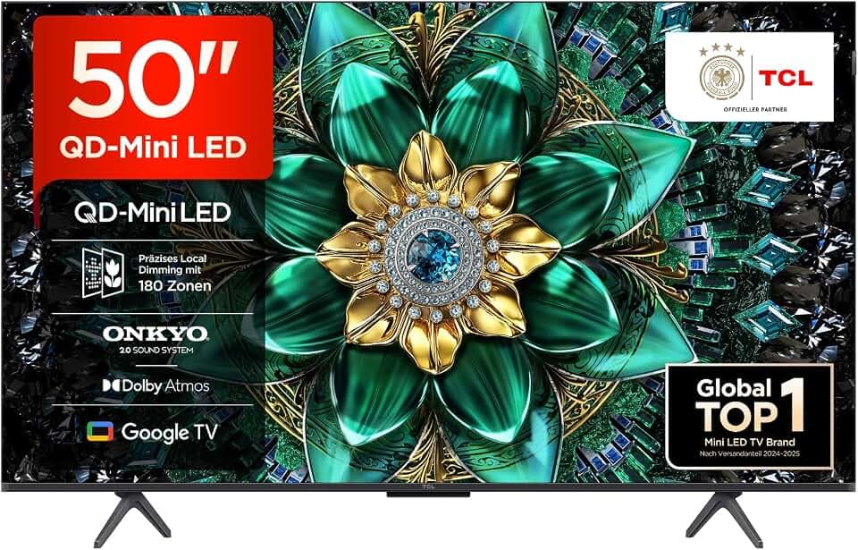 TCL 50 Zoll 50Q6C QLED Mini LED Fernseher, 4K HDR Premium, Dolby Vision IQ & Atmos, Onkyo 2.1, Smart Google TV, Game Master, 144Hz Motion Clarity Pro, AMD FreeSync Premium Pro, HDMI 2.1, AirPlay 2