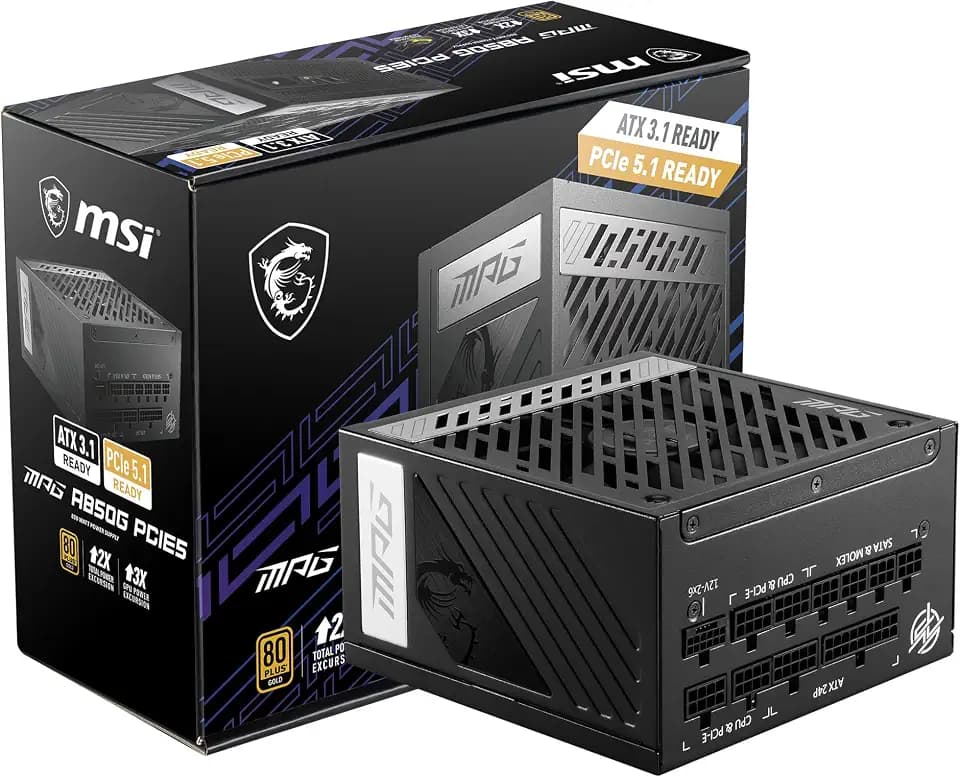 MSI MPG A850G PCIE5, Fully Modular Compact Gaming 850W Power Supply, 80+ Gold, Native 12V-2x6 Cable, 100% Japanese Capacitor, ATX 3.1 & PCIe 5.1 Ready, Low-Noise, 10 Year Warranty