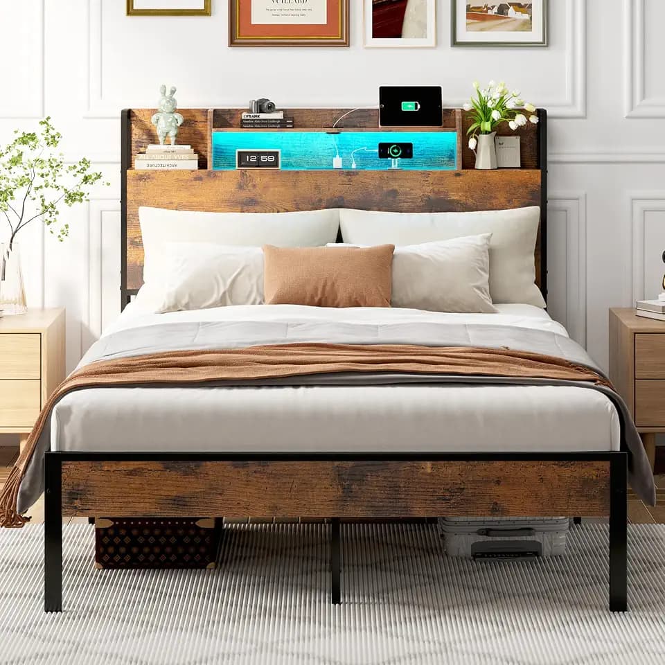 ODK Bett 140x200 Doppelbett, Metallbett mit LED Beleuchtung & (Steckdose/USB), Bettgestell mit Holzkopfteil Stauraum, ohne Matratze