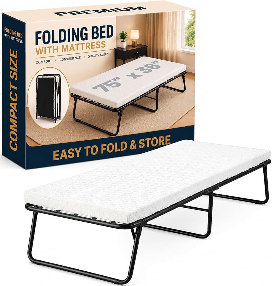 Greaton, 14″ Standard/Basic Folding Guest Bed with 3″ Memory Foam Mattress – Sturdy Metal Frame, Easy Access for Seniors, Underbed Storage, Comfortable Bed for Guests, 36″ Wide