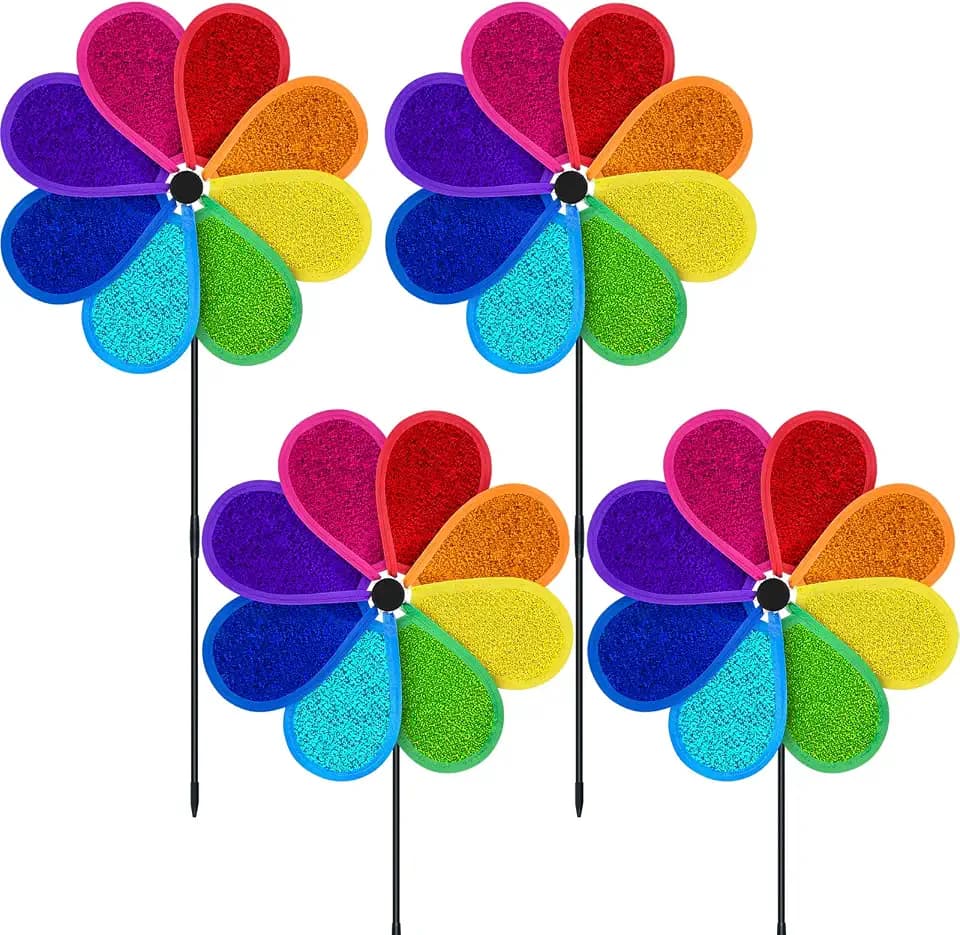 4 PCS 11.4" W x 28" H Reflective Pinwheels Sparkly Lawn Wind Spinners Colorful Rainbow Windmill for Garden Decoration Bird Devices Deterrent to Scare Birds Away（Multicolor）