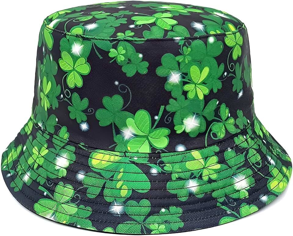 YAMEIZE St. Patrick's Day Grünes Blatt Bucket Hut - für Damen Herren Irischen Sonnenhut Double-Side-Wear Reversible Grünen Fischer Hut Kostüm Reise Strand Party