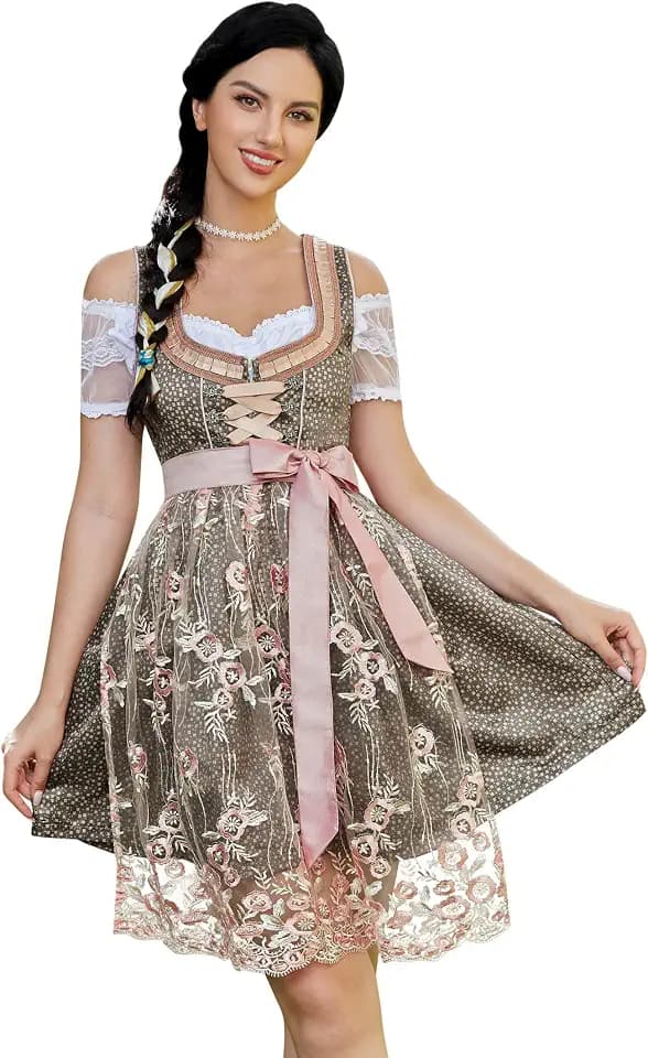 KOJOOIN Trachtenkleid Damen Dirndl Kurz Midi 3tlg. für Oktoberfest-DREI Teilig: Kleid, Bluse, Schürze