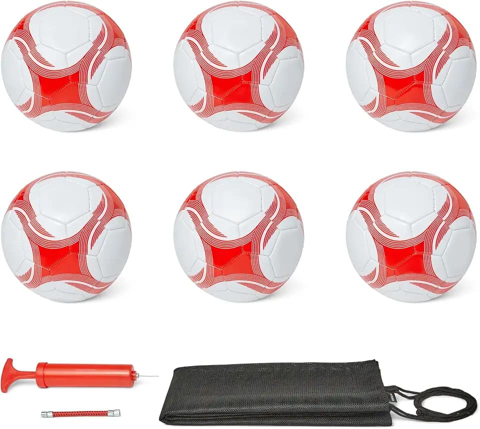 Amazon Basics Fußball mit Pumpe - Trainingsball, langlebige PVC-Konstruktion, Butyl-Blase, für Innen- und Außenbereich, maschinell genähter Übungsball, Weiß und Rot