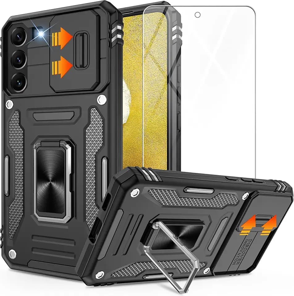 Gritup for Samsung Galaxy S22 Case with 2-Pack HD Screen Protectors and Slide Camera Cover，14FT Military Grade Drop Protection，Car Mounted Magnetic Rotate Kickstand for S22 Cases,Black