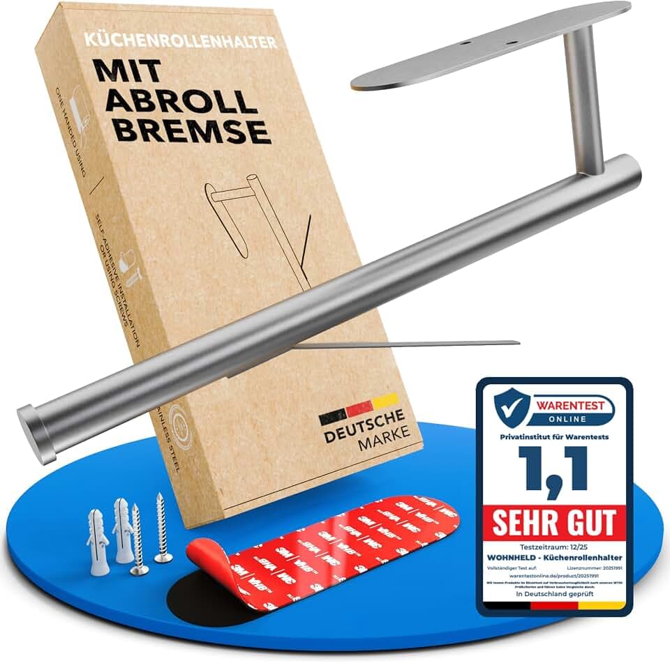 WOHNHELD Küchenrollenhalter ohne Bohren mit Abroll-Bremse Edelstahl Silber