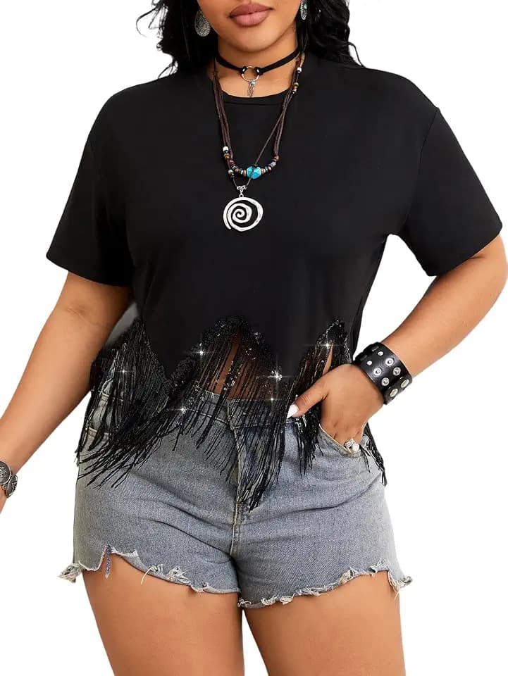 SHENHE Women's Plus Size Fringe Top Sequin Tassel Tee Shirt Rave Crop Tops