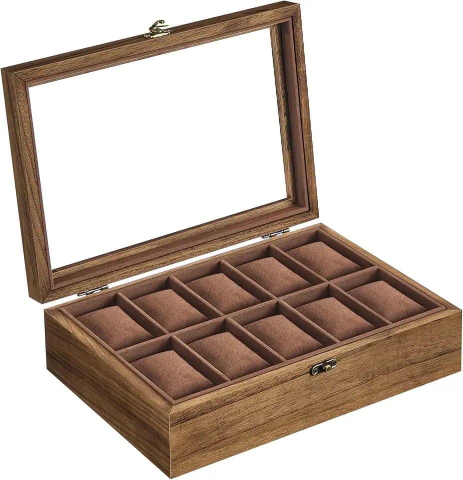 SONGMICS Uhrenbox mit 10 Fächern, aus Massivholz, mit Glasdeckel