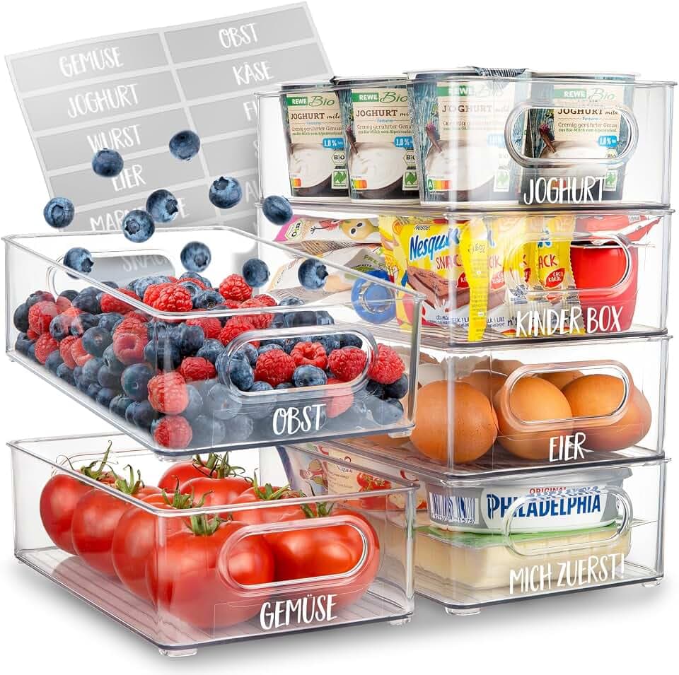 Kühlschrank Organizer 6er Set [mit 16 Aufkleber] Premium Küchen Organizer | Aufbewahrungsbox für Kühlschrank | Vorratsbehälter | Stapelbar | BPA frei