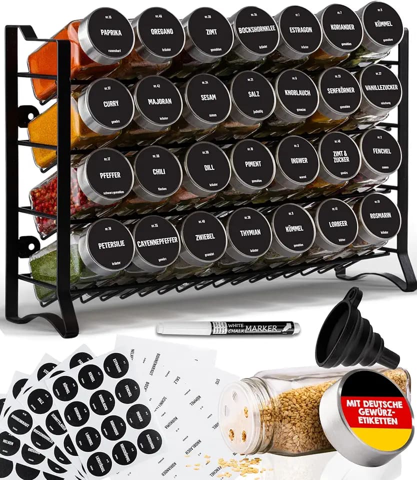 Deco haus® Gewürzregal Stehend & Wand [MIT 28 GLÄSERN & GEWÜRZETIKETTEN] - Gewürz Organizer - Gewürzregal Wand - Spice Rack Organizer - Gewürzständer Gewürzregale Hängend - Gewürzregale Schrank