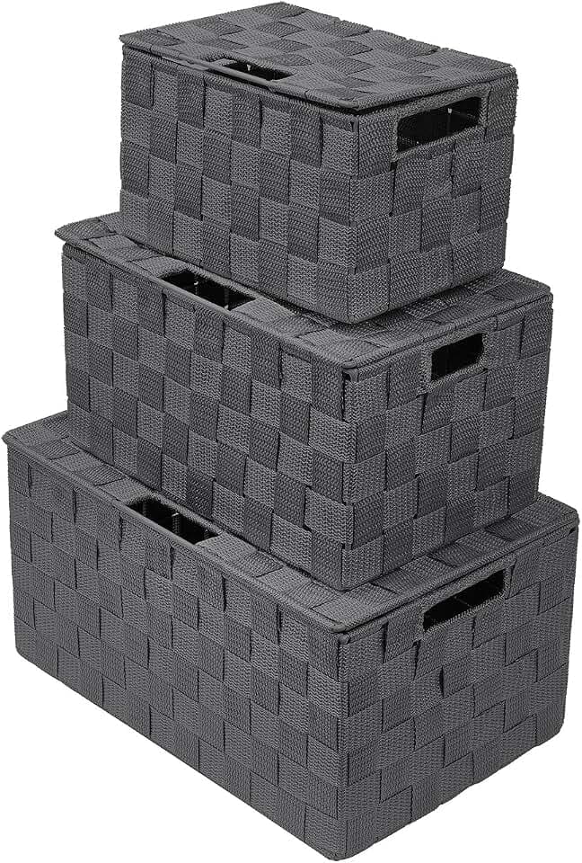 Sorbus Aufbewahrungsbox Gewebter Korb Behälter Tote Cube Organizer Set Stapelbarer Aufbewahrungskorb Gewebter Gurt Regal Organizer Eingebaute Tragegriffe (Deckelbehälter – 3 Stück, grau)