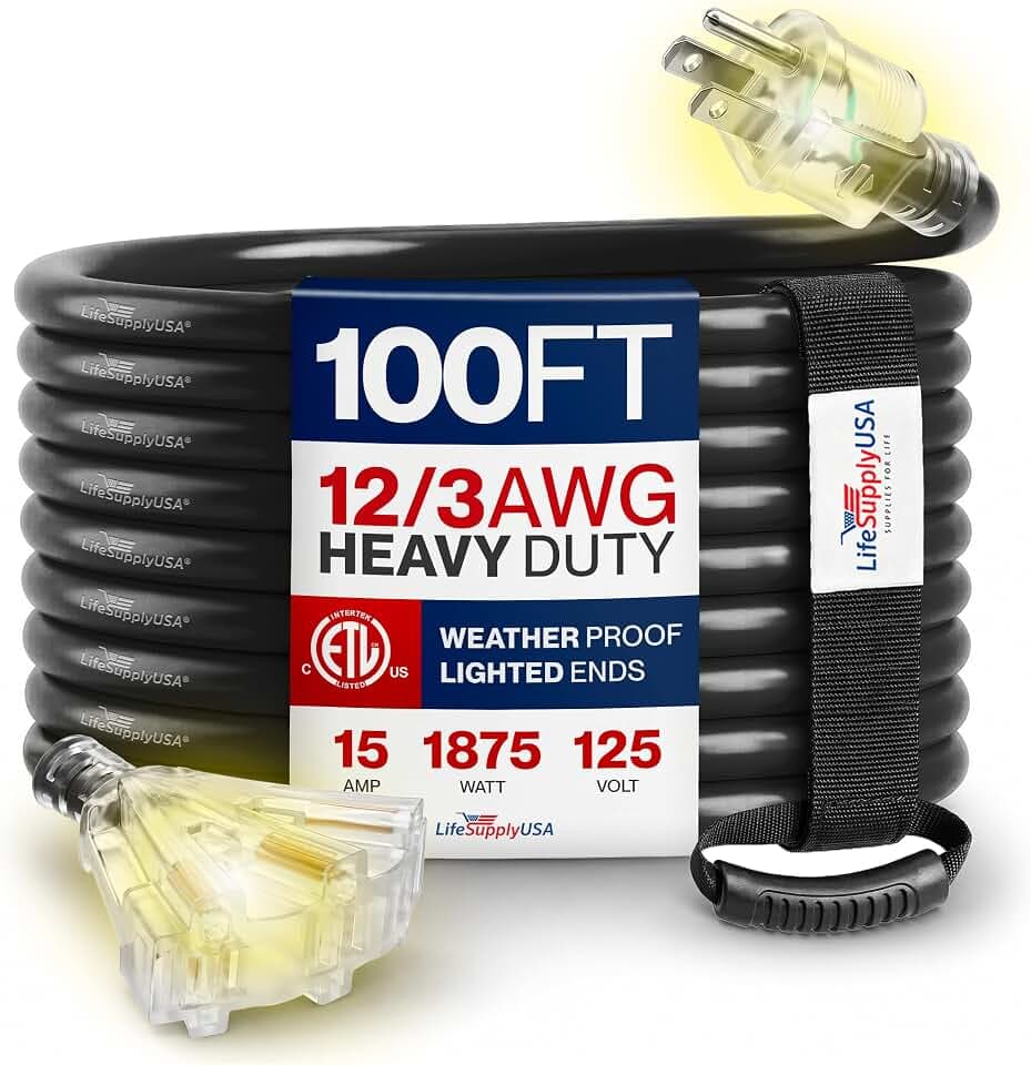 100ft Outdoor/Indoor Extension Cord 3-Outlet 12/3 Gauge Extra Heavy Duty ETL Listed, 3 Prong SJTW, Waterproof, Flexible Cold-Resistant Long Power Cord,15A 125V 1875W, Black by LifeSupplyUSA