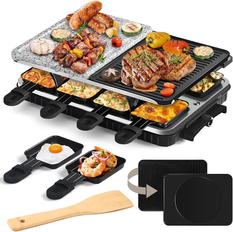 HengBO Raclette 8 Personen-Raclette Grill mit Steinplatte und Umkehrbares Grillplatte Raclettes mit Antihaft-Beschichtung Grillplatte und 8 Pfännchen Elektrogrill Raklettgerät für 6-10 Personen,1300 W