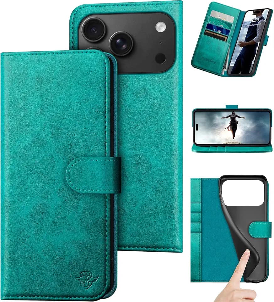 DuckSky Compatible with iPhone 18 Pro Max 6.9" Genuine Leather Wallet case【RFID Blocking】【4 Credit Card Holder】【Real Leather】 Flip Phone case Cover Women Men for Apple 18 Pro Max case Blue Green
