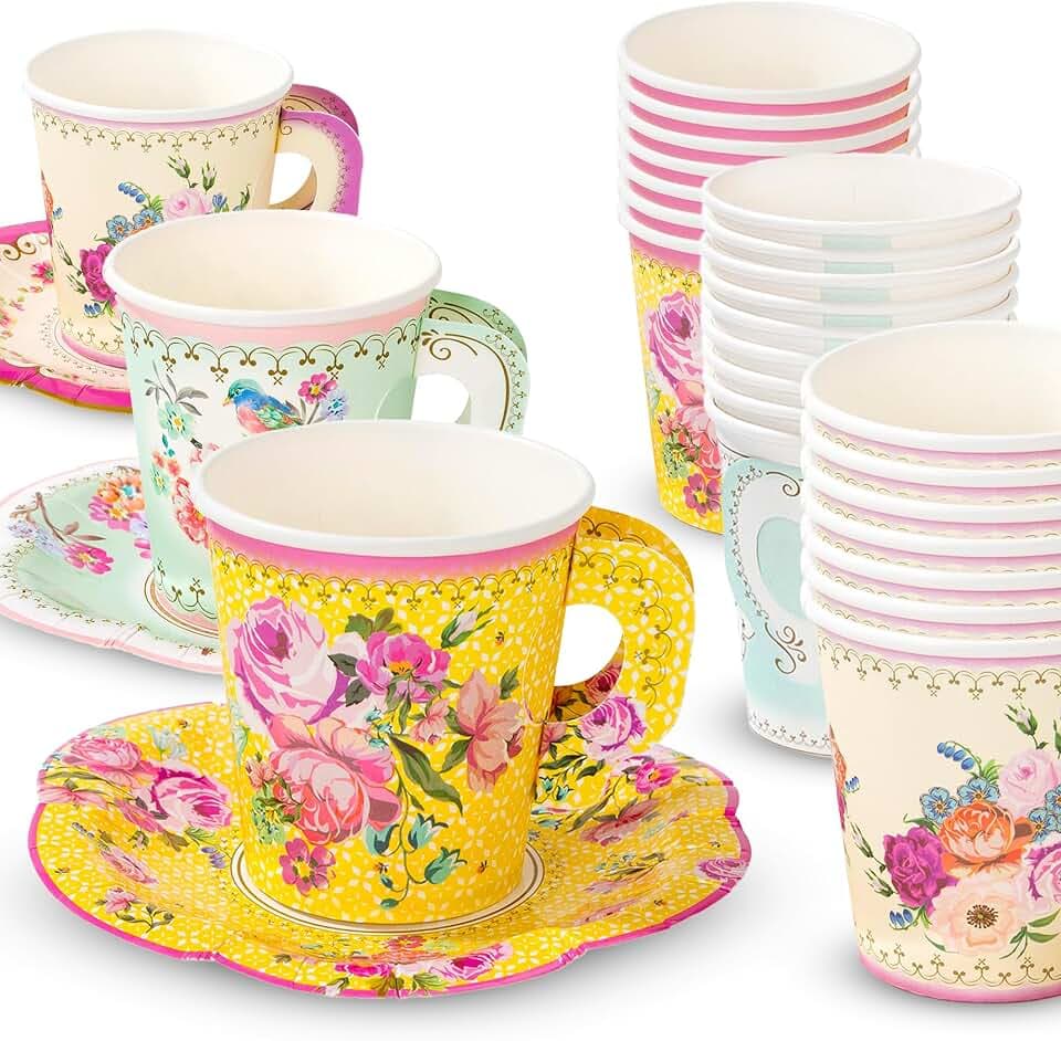 Talking Tables Vintage Floral Papierbecher & Untertassen, 12er-Pack, gemischte Farben, 250 ml, Tee-Party Deko