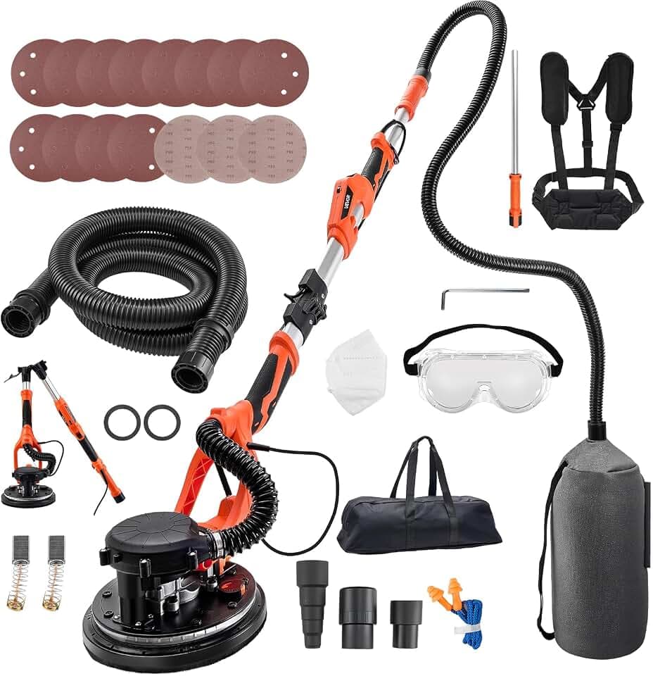 VEVOR Trockenbauschleifer 1150 W, Deckenschleifer mit 255 mm Schleifteller, Langhalsschleifer mit Staubabsaugung, 800-1700 U/min Drehzahl, LED-Licht, Ausziehbarer Griff, 15 Schleifscheiben