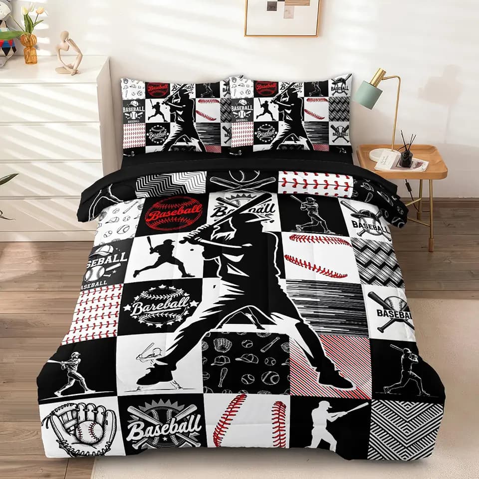 5 Pcs Baseball Full Bedding Set for Boys Teens, Full Size Sports Cool Baseball Boys Comforter Set with Sheets