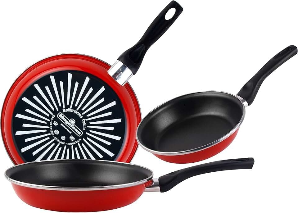 Magefesa Grana Pfannen-Set, 3-teilig, 18/20/24 cm, emaillierter Stahl, außen rot, zweilagige Antihaftbeschichtung, für alle Herdarten, insbesondere Induktion, 50% Energieeinsparung.
