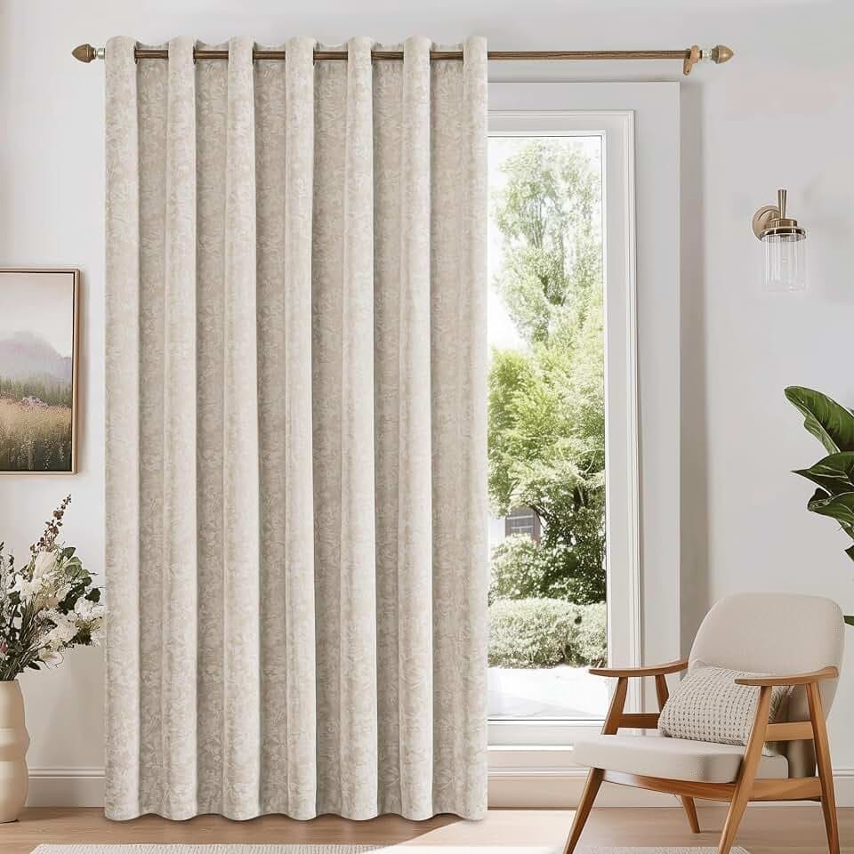 Beauoop Beige Floral Jacquard Blackout Sliding Door Curtains 100x84 1 Set