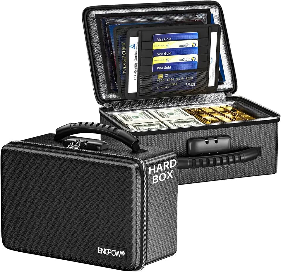 ENGPOW Fireproof Money Box with Lock & Heat-Resistant Fireproof Zipper
