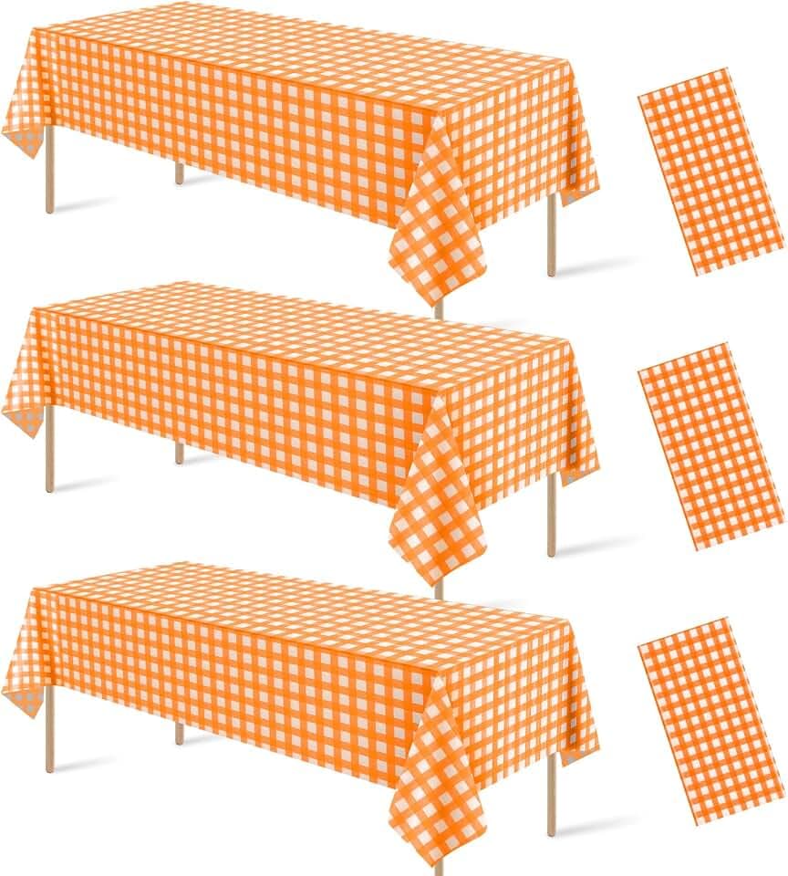 3Pcs Orange Gingham Tablecloths, Fall Checkered Table Covers 54x108 In