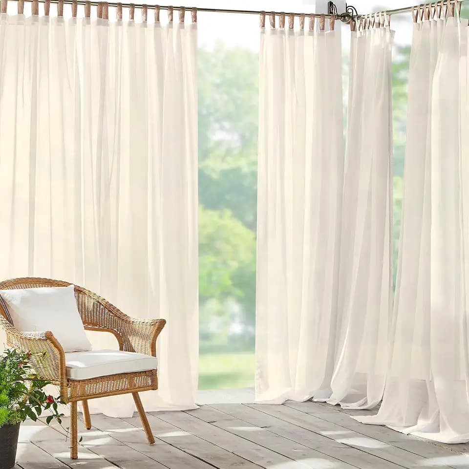 Threadmade Darien Solid Indoor/Outdoor Sheer Adhesive Loop Tab Top Window Curtain Panel, Ivory - 52" W x 84" L