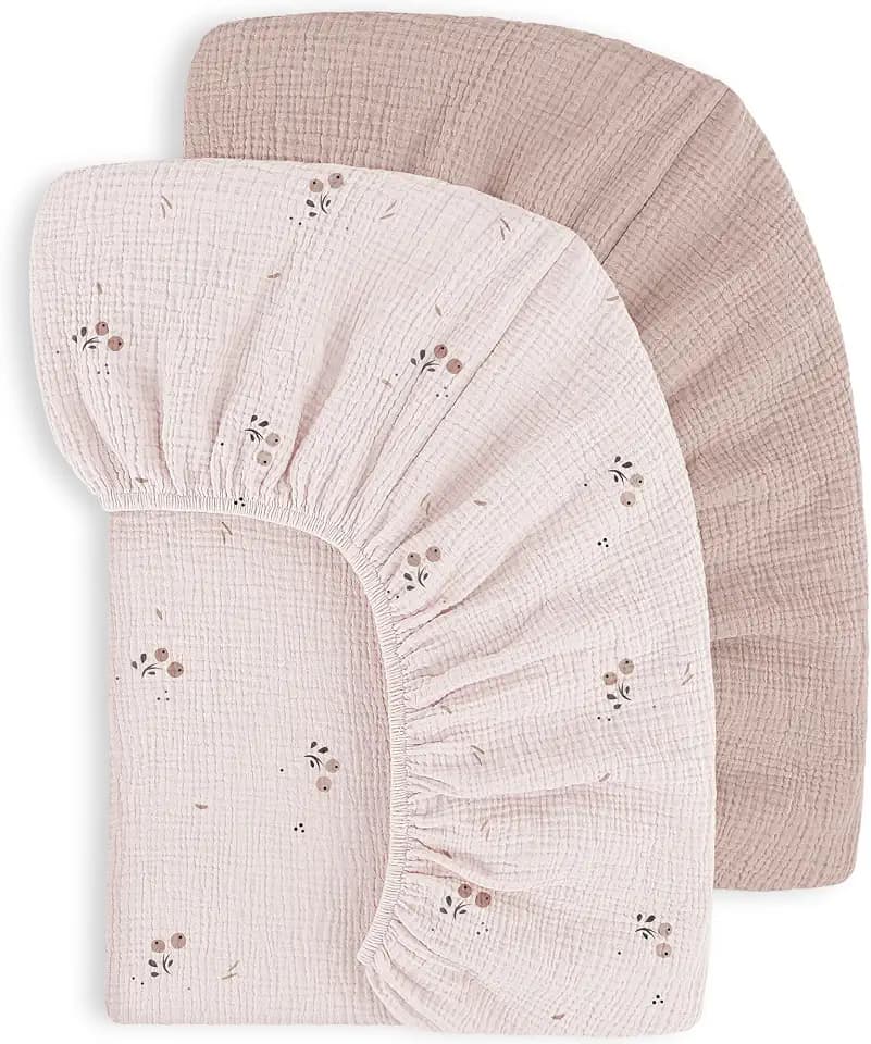 Susurration 100% Baumwolle Musselin-Spannbettlaken 2er Set Kinder Spannbettlaken,Baby-Bettlaken Reisebett Spannlaken Beistellbett Leintücher 60x120 (Orangenblüte)