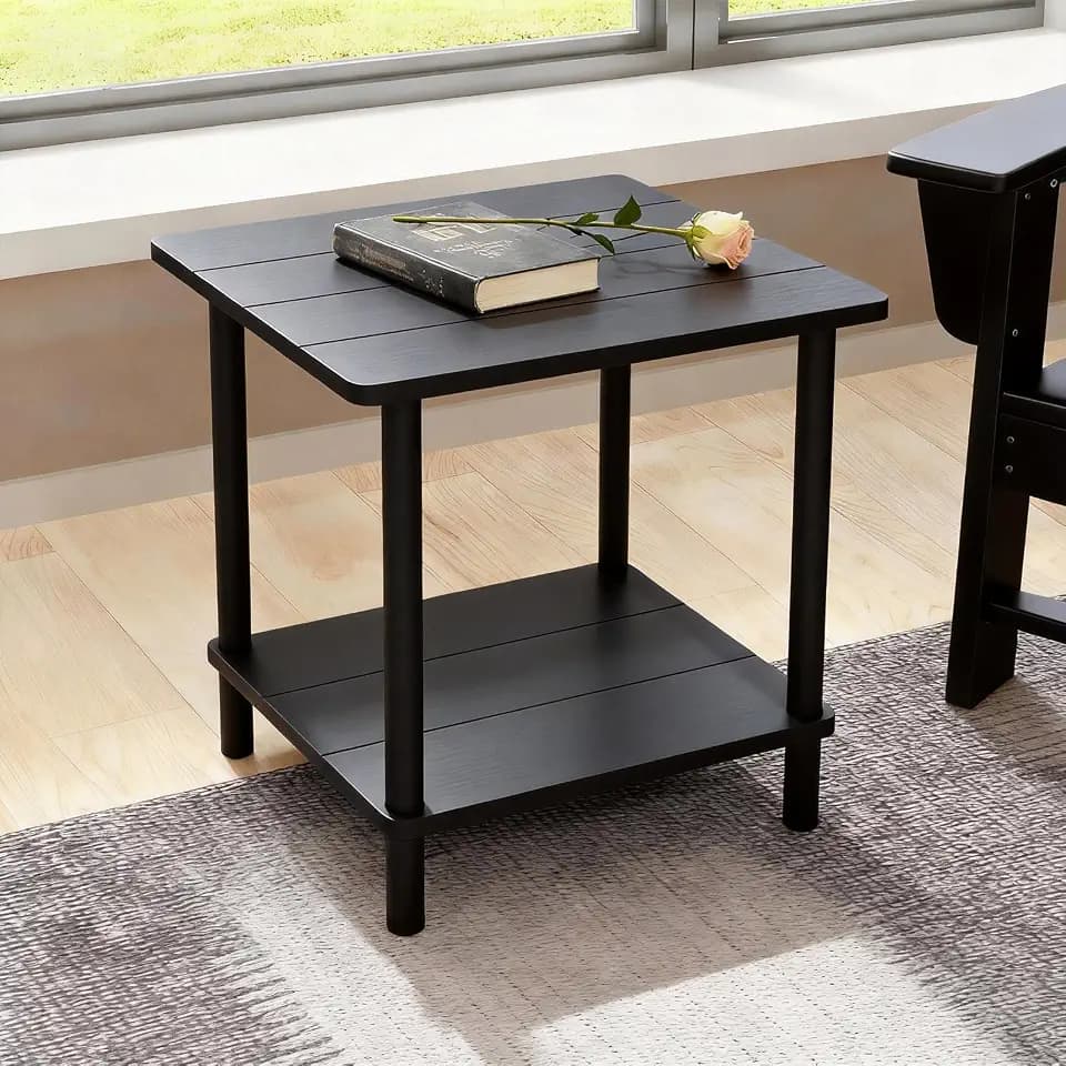 Outdoor Side Table Black, 2-Tier Adirondack Side Table, Bamboo Side Tables for Outside or Indoor, Small Weather Resistan End Table for Pool, Porch, Patio, Backyard, Easy Maintenance