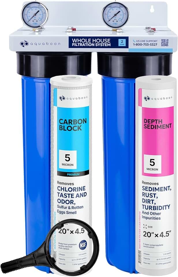 Aquaboon 2-Stage Whole House Water Filter System with 20x4.5 House Water Filters Reducing Sediment & Odors with Gauge & Release, Wrench, Bracket