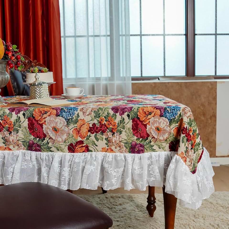 SUTAVIA Ruffle Tablecloth Rectangle 60"x104" White Lace Floral Table Cover