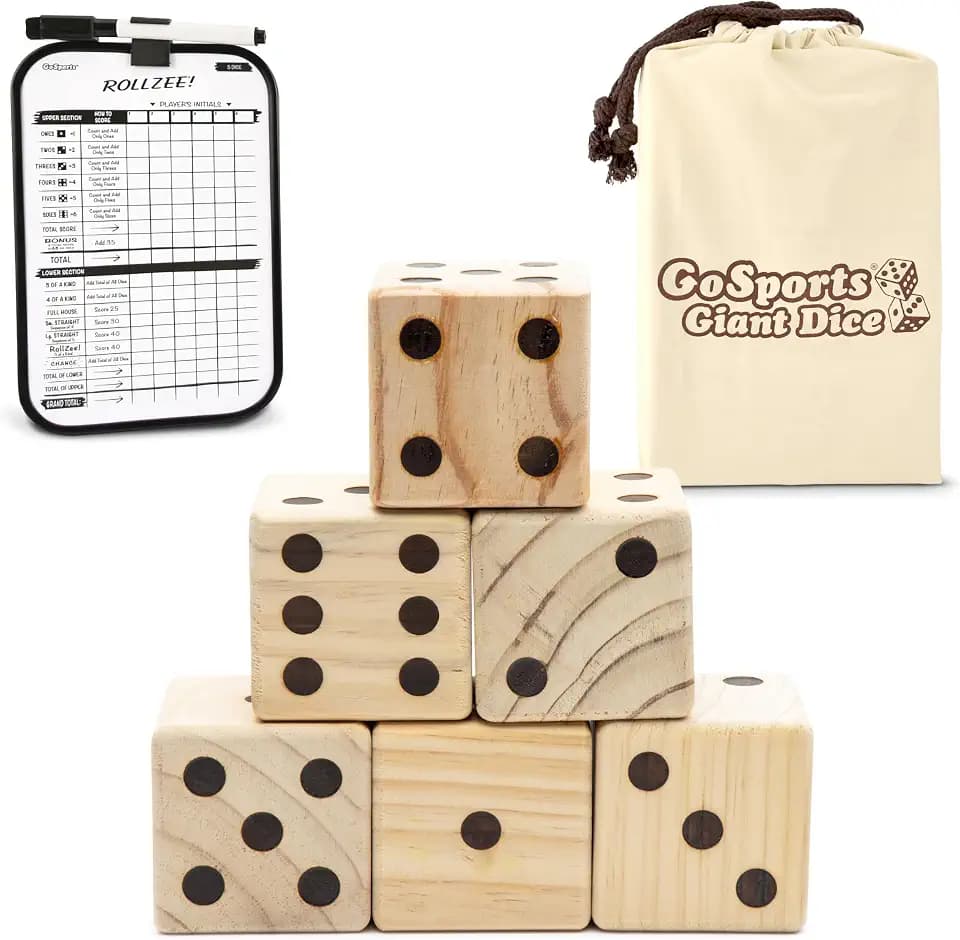 GoSports Giant Wooden Playing Dice Set with Rollzee and Farkle Scoreboard - Includes 6 Dice, Dry-Erase Scoreboard and Canvas Tote Bag - Choose 2.5 Inch or 3.5 Inch Dice)