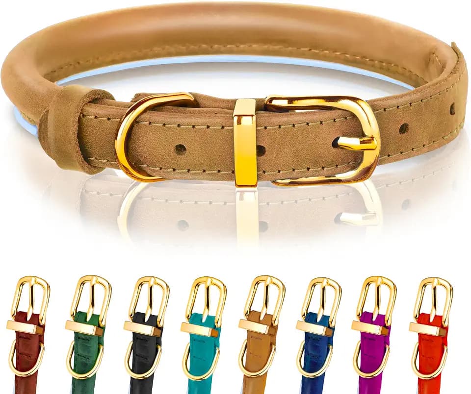 OOPSDOGGY Reflective Rolled Leather Dog Collar Adjustable Soft Padded Pet Collar for Small Medium Large Breed Dogs (Camel, S, 10"-13")