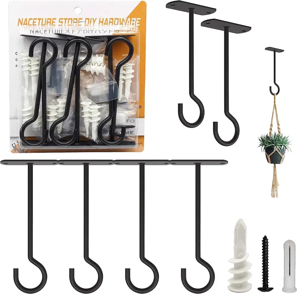 NACETURE Ceiling Hooks for Hanging Plants - Square Wall Mount Plant Hanger Indoor Hanging Hooks Metal Plant Bracket Iron Lanterns Hangers for Wind Chimes, Planters (Square 5" Black 6 Pack)