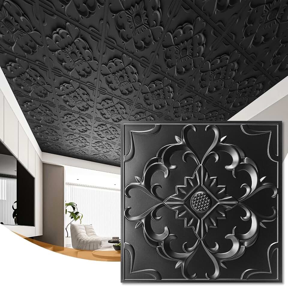 WOWSTAR 12-Pack 24"x24" Drop Ceiling Tiles, Vintage Waterproof Glue up Ceiling Panels, Black