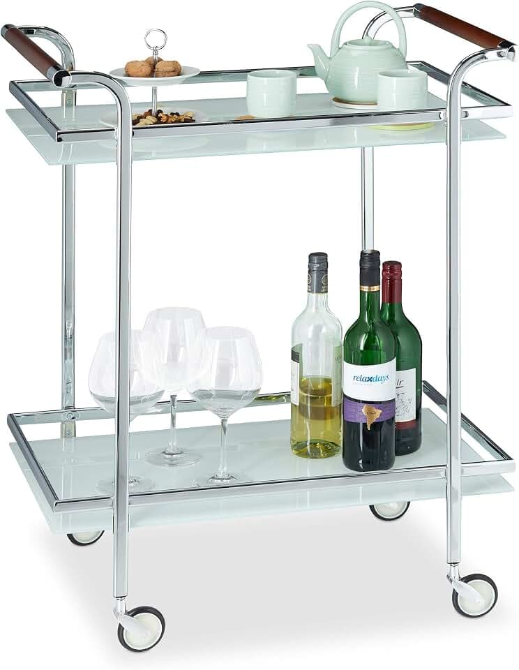 Relaxdays Servierwagen Milchglas, Servicewagen, Teewagen, mit 2 Ablagen, offen, Deluxe Rollen, HBT 85x66x43 cm, Silber
