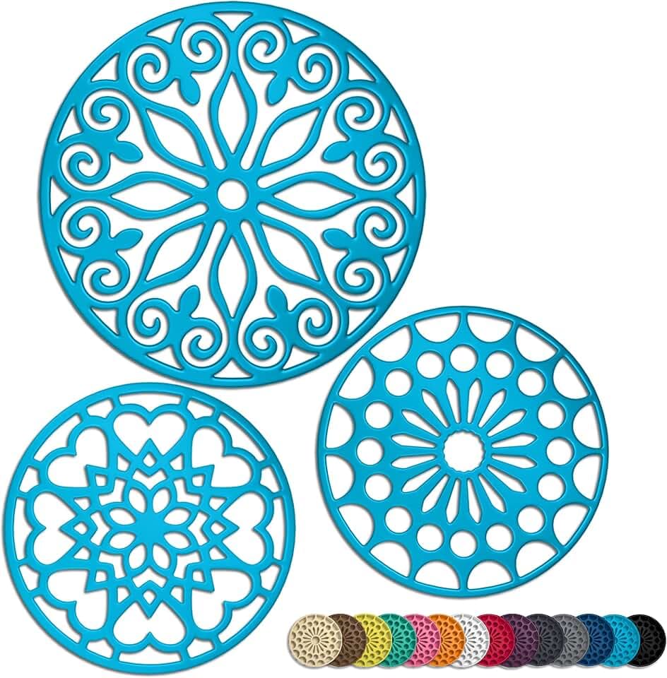 3 Set Silicone Trivet Mats with 1 Extra Large Included | Intricately Carved Insulated Flexible Durable Non Slip Thick Round Premium Trivets for Hot pots and Pans | Light Blue