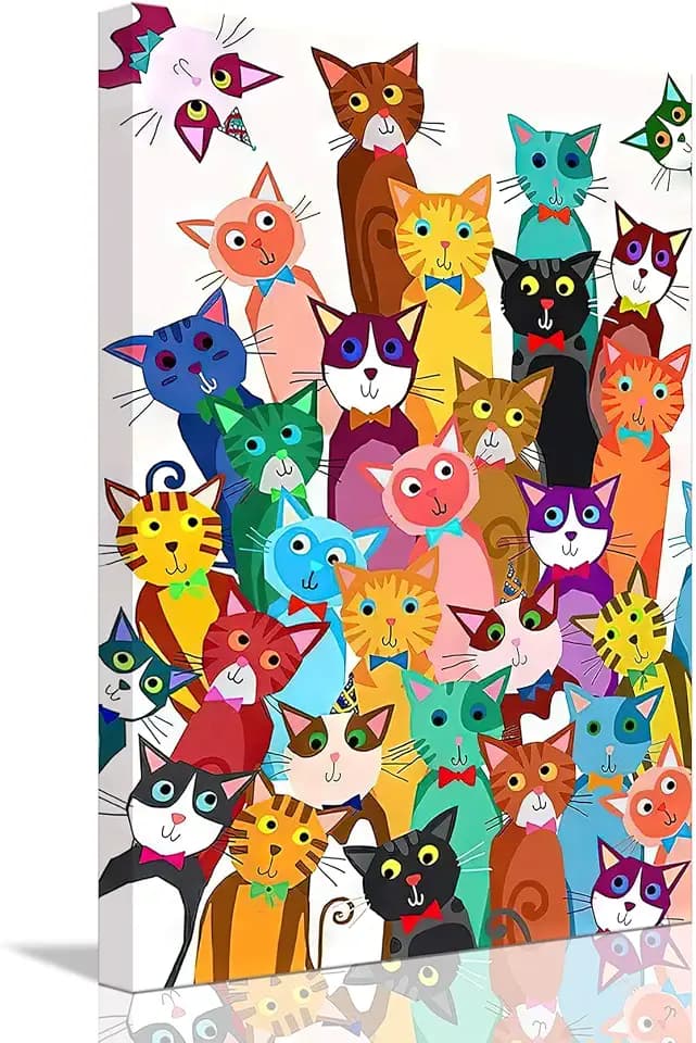 Riveda Funny Colorful Cat Bathroom Wall Art Cute Cartoon Kitty Canvas Print