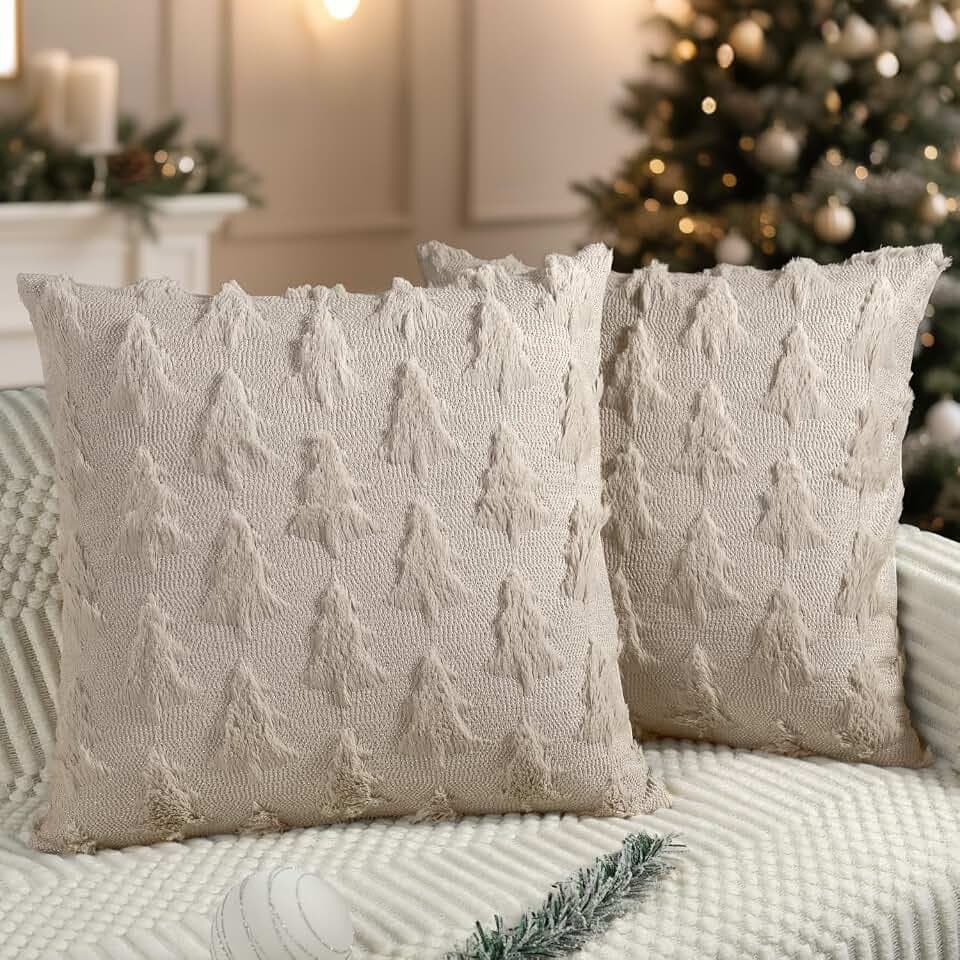 Miaikoe Weihnachten Kissenbezüge 60x60 cm 2er Set Beige Weihnachtsbaum Kissenbezüge Weich Plüsch Kunstfell für Winter Urlaub Zuhause Couch Sofa Dekoration