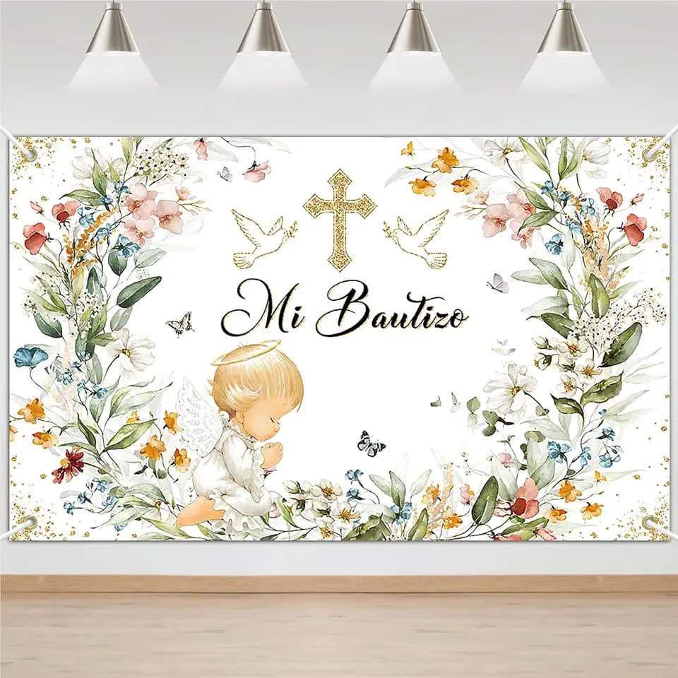 Avezano Mi Bautizo Backdrop Green Leaves Floral First Holy Communion Party Decorations Christening Newborn Baby Shower Banner Angel God Bless Baptism Background 70.8 x 43.3 Inch