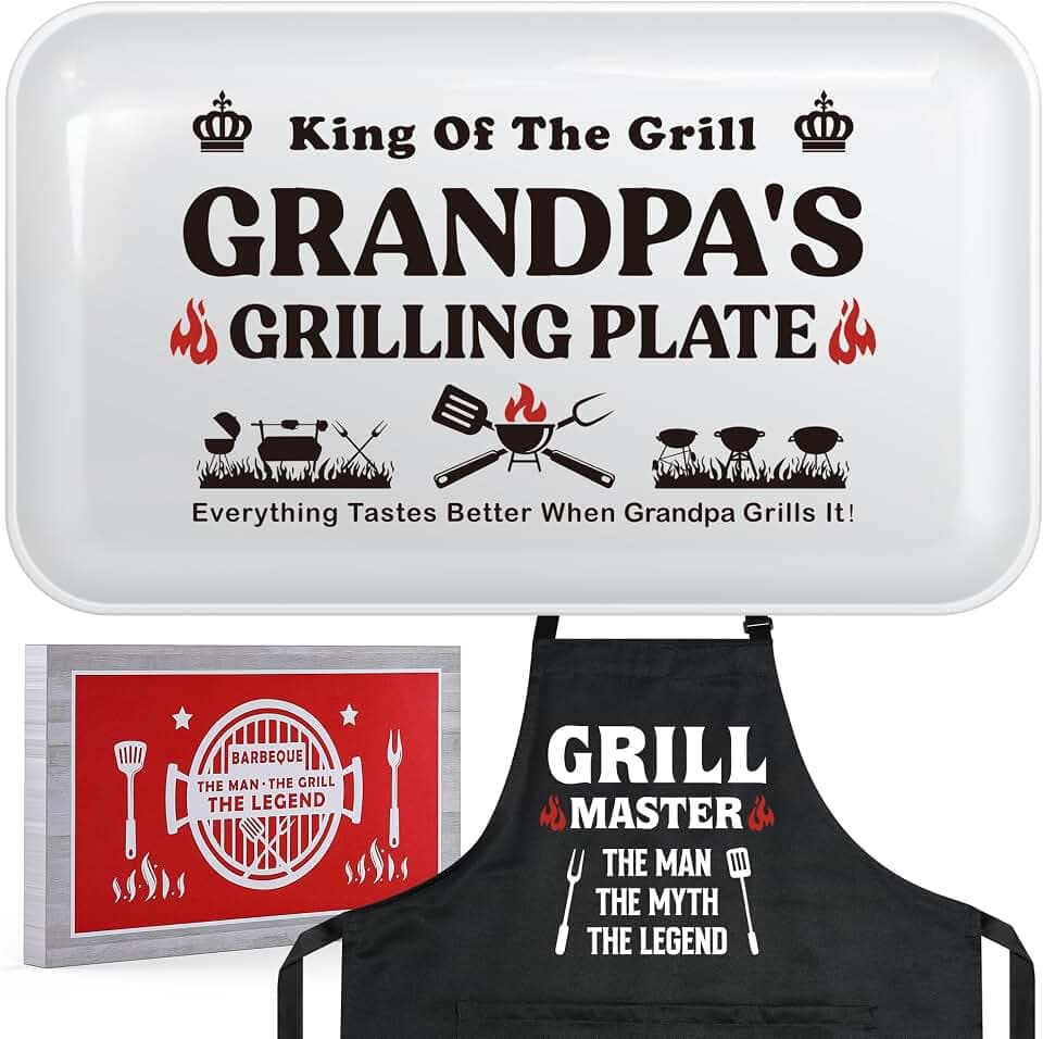 Grandpa Birthday Gifts,Best Grandpa Gifts from Grandkids,Great Papa Grandfather Grandparents Christmas Presents from Granddaughter Grandson,Funny BBQ Grilling Platter with Apron Sets for Fathers Day
